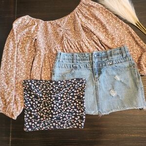 AMERICAN EAGLE OUTFITTERS Three Piece Bundle Denim Skirt, Smocked Top, Tube Top